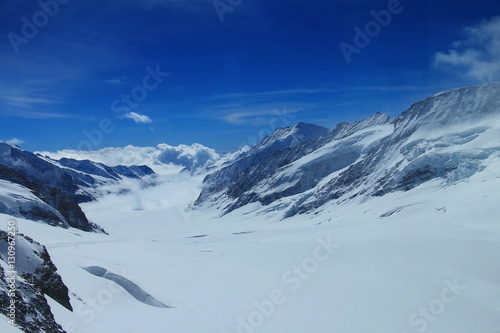 Aletsch Glacier in spring time with clear blue sky, Jungfrau, Switzerland.