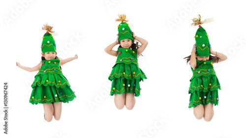 Group of Portrait of asian cute girl in CHRISTMAS TREE costume.