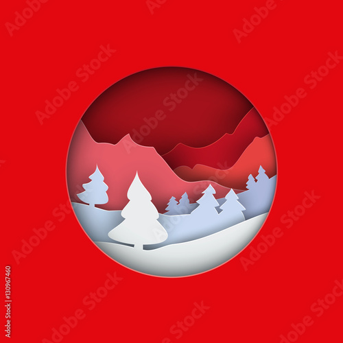Paper crafts winter landscape with trees and mountains in the layers. Christmas origami paper cut illustration. White and red New Year template for greeting card, calendar.
