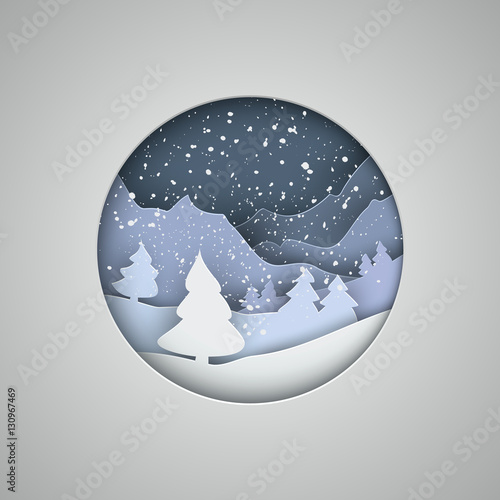 Christmas origami paper cut illustration. Paper crafts winter landscape with trees and mountains in the layers. White New Year template for greeting card, presentations, calendar.
