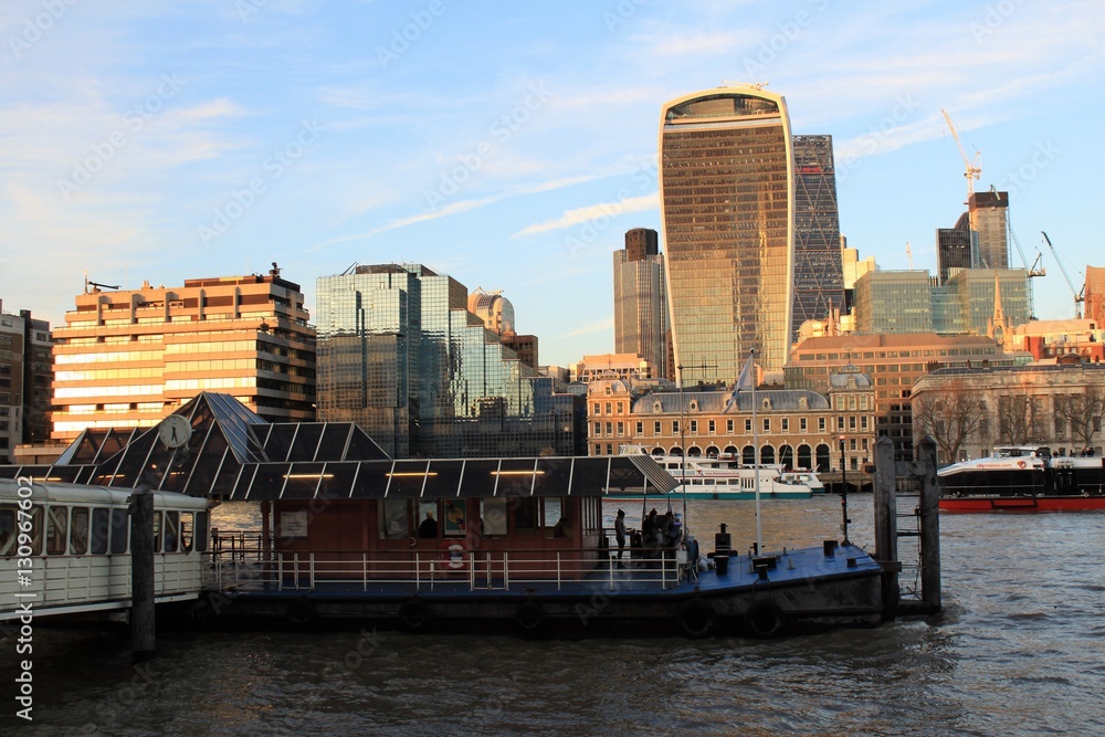 London; City riverside and skyline seen from Southwark ( London Bridge City Pier) 12-2016