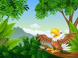 Cartoon bald eagle on a tree branch