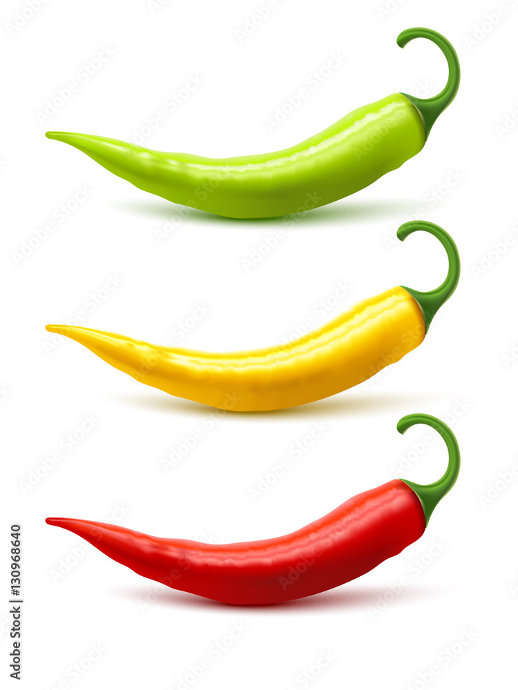 Chili Pepper Pods Set Realistic Shadow 
