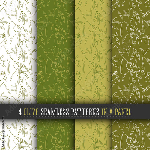 4 Olive seamless patterns set, vector isolated elements simple shape outline.