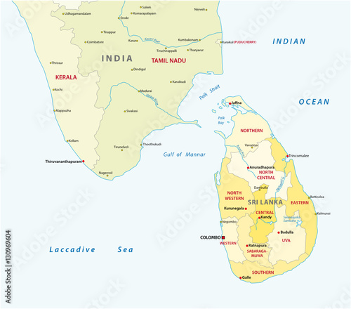 sri lanca and south india administrative map