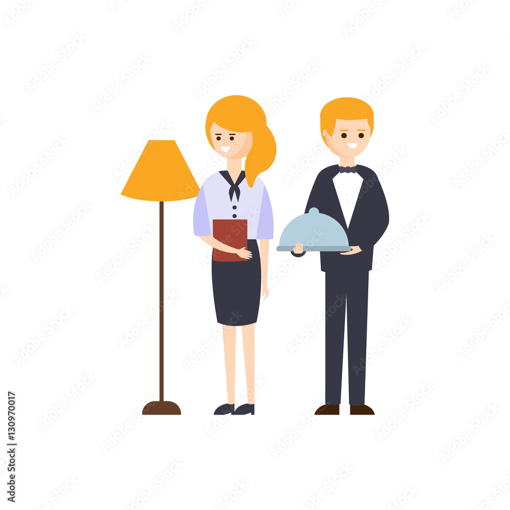 Administrator And Restaurant Waiter Hotel Themed Primitive Cartoon Illustration Administrator And Restaurant Waiter Hotel Themed Primitive Cartoon Illustration