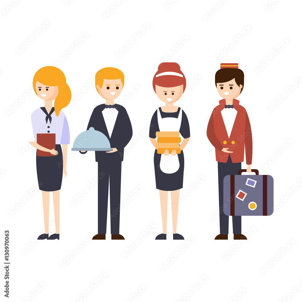 Obraz premium Hotel Staff, Waiter, Bellhop, Administrator And Maid Hotel Themed Primitive Cartoon Illustration