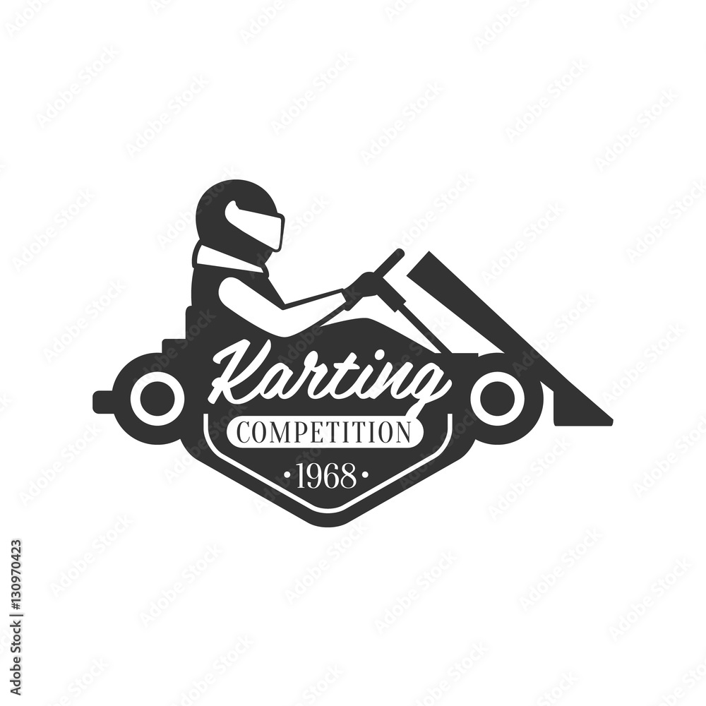 Karting Club Event Promo Black And White Logo Design Template With Rider In Kart Silhouette - obrazy, fototapety, plakaty 