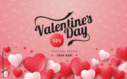 Valentines day sale background with icon set pattern. Vector illustration.Wallpaper.flyers, invitation, posters, brochure, banners.