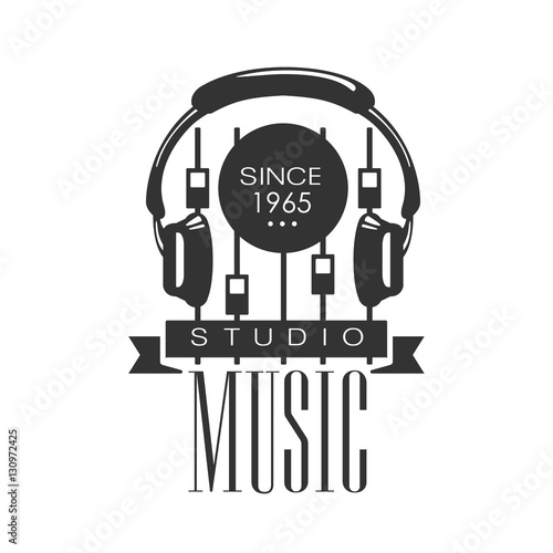 Music Record Studio Black And White Logo Template With Sound Recording Retro With Headphones And Console