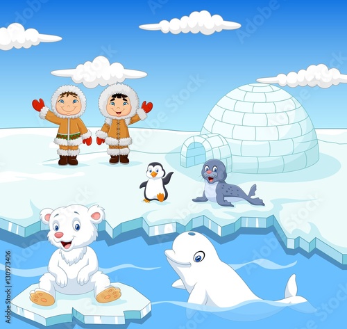 Little Eskimo kids with arctic animals and igloo house 