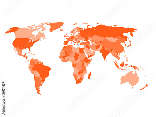 World map with names of sovereign countries and larger dependent territories. Simplified vector map in four shades of orange on white background.