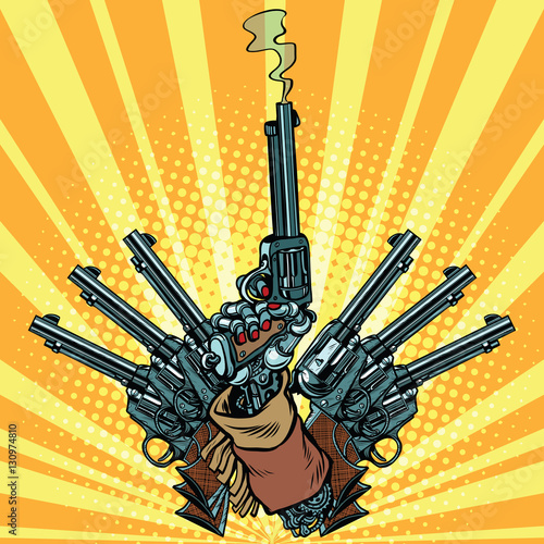 Hand with revolvers shot pop art weapons