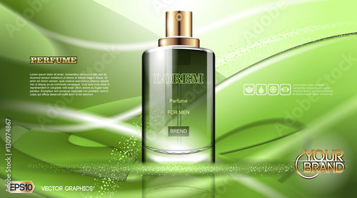 Digital vector green glass perfume for men container mockup, with your brand, ready for print ads or magazine design. Transparent and shine, realistic 3d style