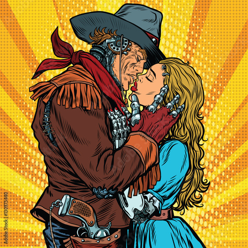 Steampunk robots. Cowboy kisses the girl