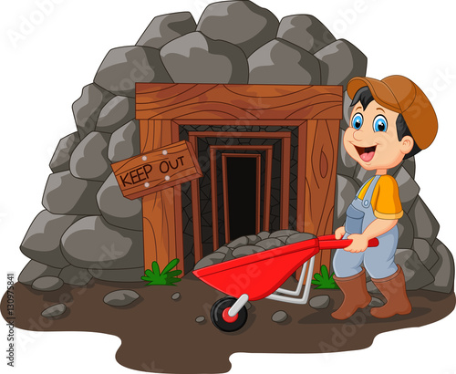 Cartoon mine entrance with gold miner holding shovel