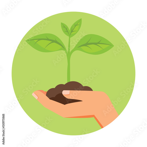 Illustration of human hand holding green small plant. Image for booklets, banners, flayers, article and social media.