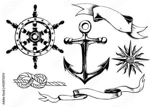 Set of hand-drawn nautical elements and banners
