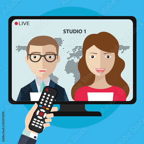 Live News on TV with newsreader icon. News of the world. Vector illustration with hand holding remote control.