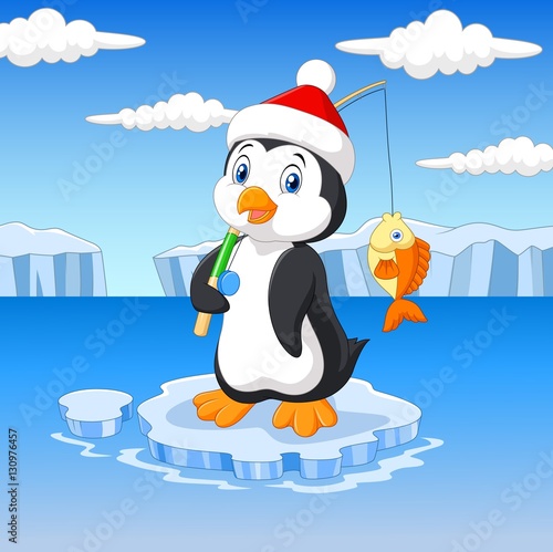 Cartoon fishing penguin standing on ice floe