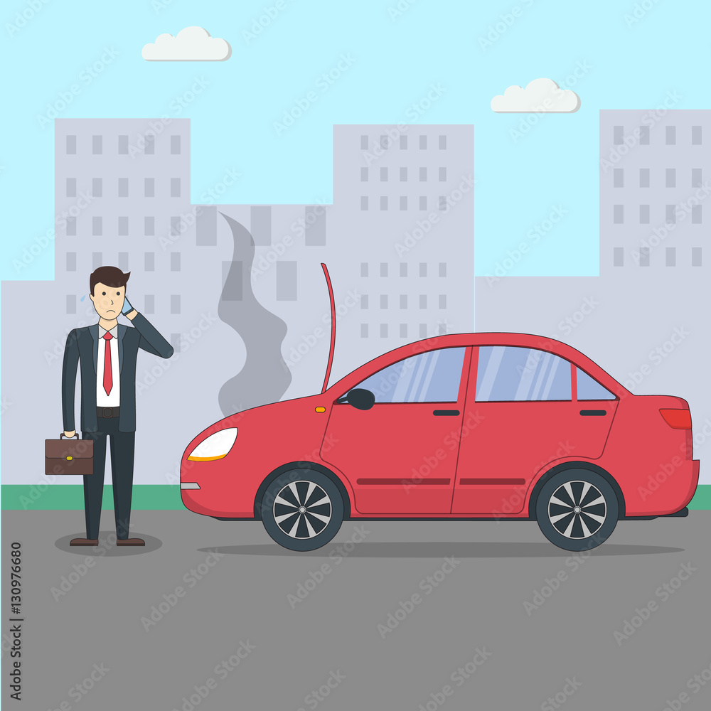 Businessman with broken car. Car accidenton the street. Transport with motor defect. Businessman with broken car. Car accidenton the street. Transport with motor defect.