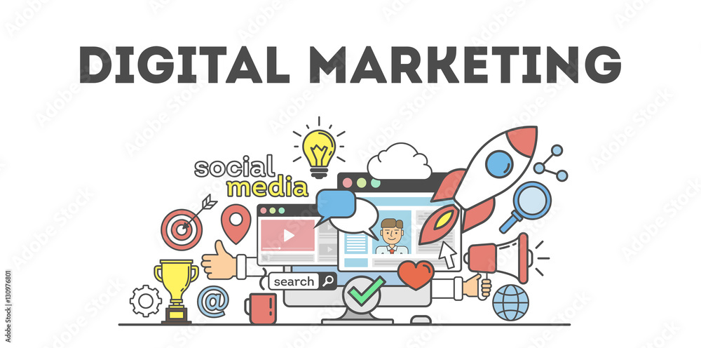 Digital marketing concept poster. Digital design. Social network and media communication. Digital marketing concept poster. Digital design. Social network and media communication.
