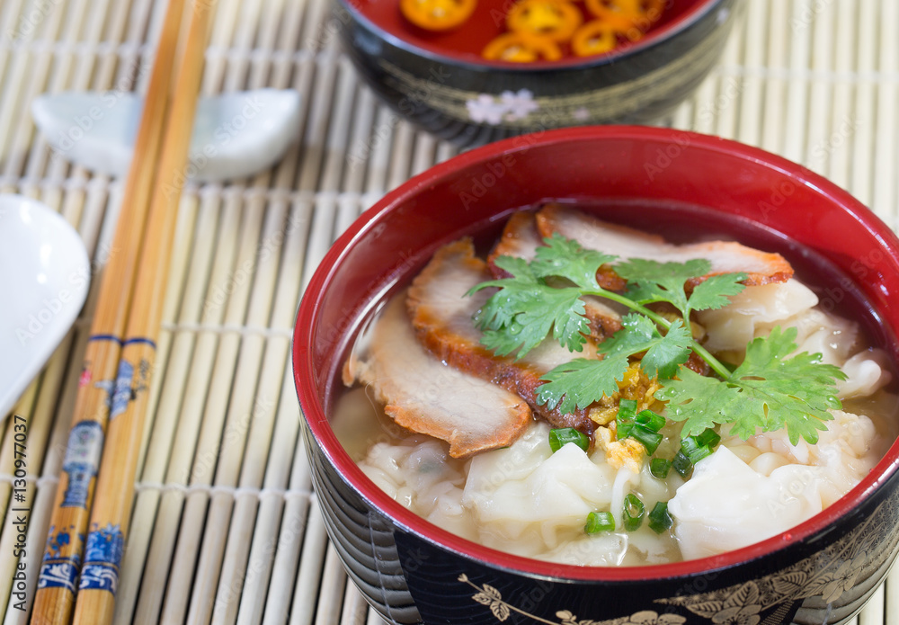 Shrimp Wonton with roasted red pork in soup Shrimp Wonton with roasted red pork in soup