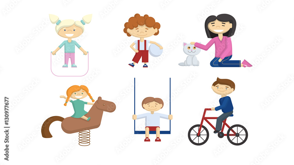 Children on playground. Isolated kids on white background. Smiling colorful cartoon characters. Children on playground. Isolated kids on white background. Smiling colorful cartoon characters.