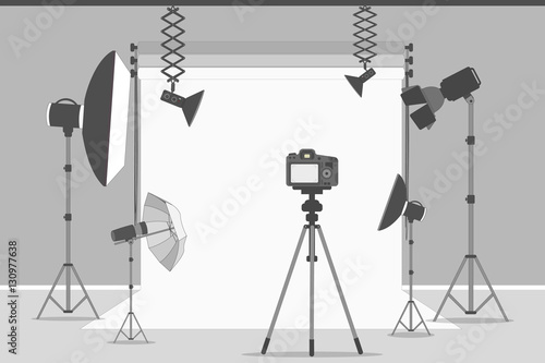 Simple photo studio. White background with lights and cameras.