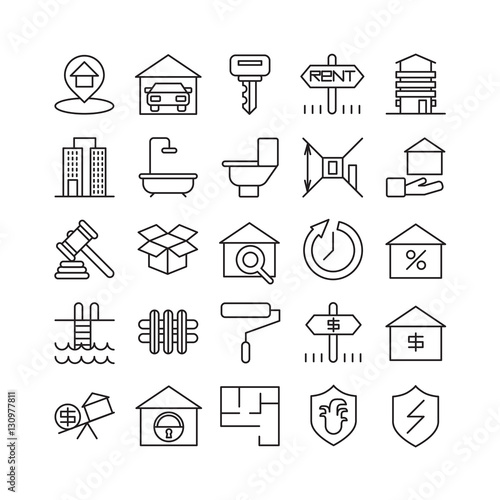 Real estate icons set. Bedroom and garage, rent and sale.