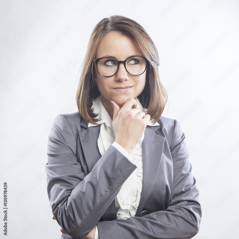 beautiful young businesswoman portrait, thinking face expression