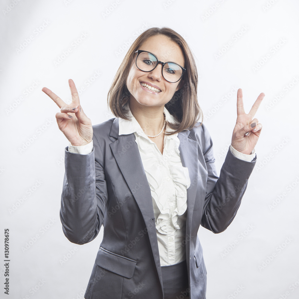 beautiful young businesswoman portrait, victory sign beautiful young businesswoman portrait, victory sign