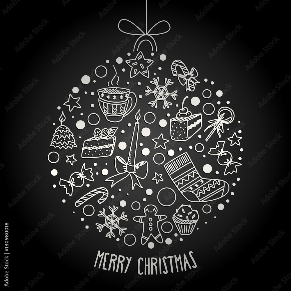 Vector christmas greeting card with white doodle ball. Holiday illustration on black background.