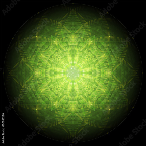 complex green geometric mandala on black background, sacred geometry, flower of life and atom, vector