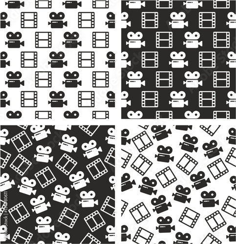 Movie Camera & Filmstrip Aligned & Random Seamless Pattern Set