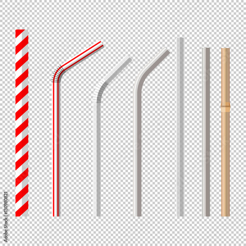 top view flat lay vector set of different drinking straws from retro classic disposable striped plastic to the modern reusable modern glass, steel and bamboo