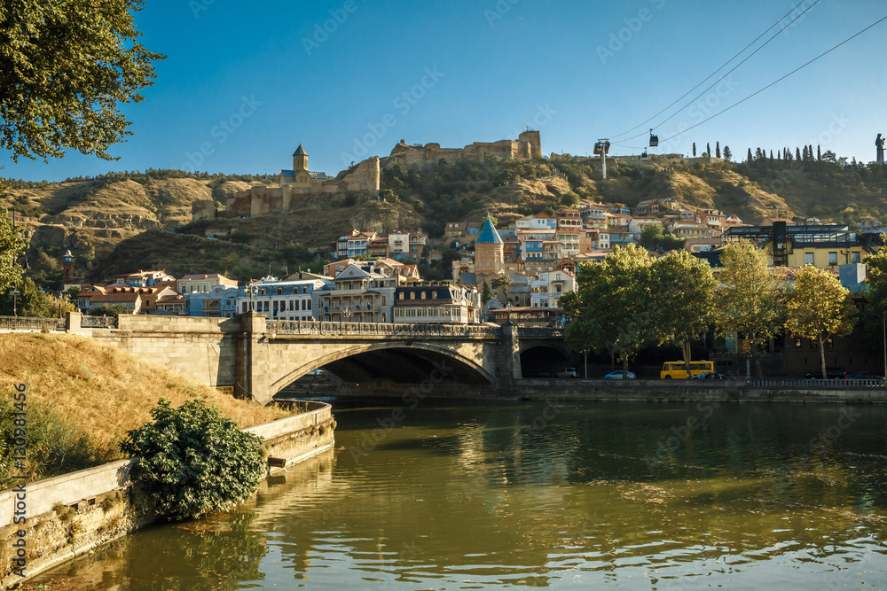 Kura river, Narikala castle, funicular and Old Town of Tbilisi. Georgia