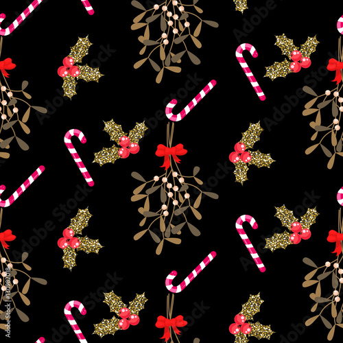 Xmas kissing bough black and gold seamless vector pattern. Traditional plant tied with red bow. Holly berry and candy cane dark background.