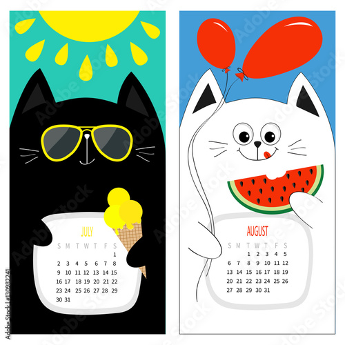 Cat calendar 2017. Cute funny cartoon white black character set. July August hello summer month. Ice cream, yellow sun shining, sunglasses. Red balloon, watermelon fruit. Flat design. Color background