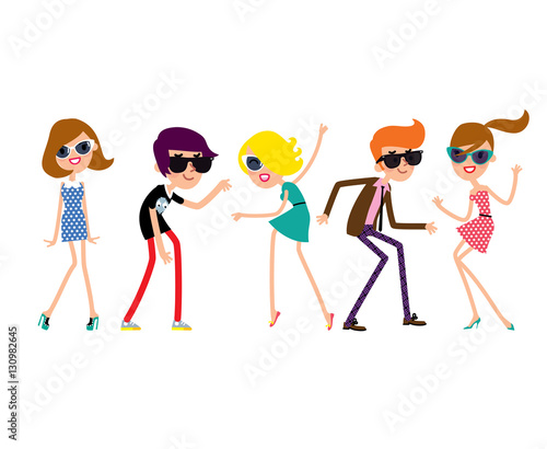 Dancing clubbing young people wearing sixties style clothes. Vector illustraton