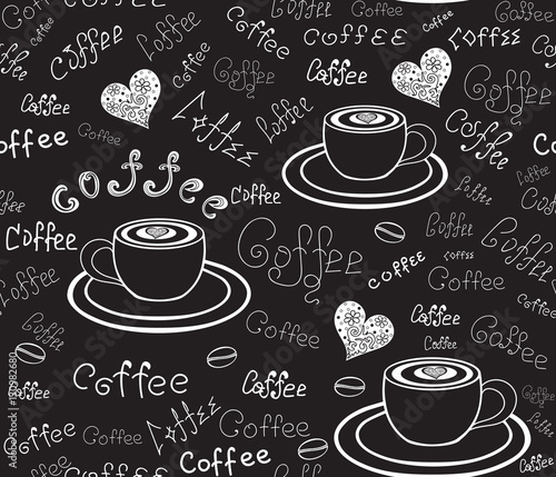 Food and drink vector seamless pattern with hand drawn coffee cups, hearts, beans and words 