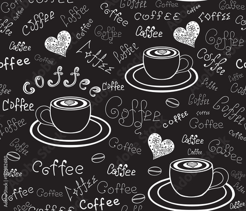 Food and drink vector seamless pattern with hand drawn coffee cups, hearts, beans and words "Coffee" handwritten by chalk on grey board