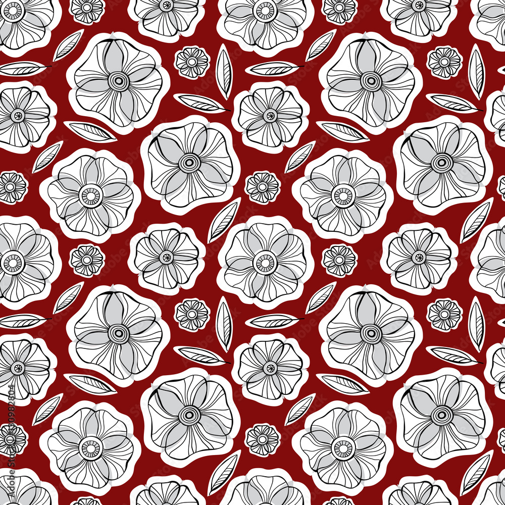 Beautiful Poppy Flowers set, Colorful Vector seamless pattern.
