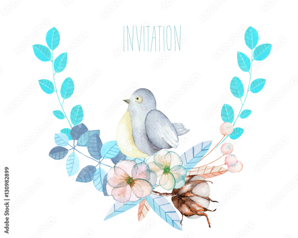 Illustration, wreath with watercolor cute bird, blue plants, flowers and cotton flower, hand drawn isolated on a white background, invitation, greeting card