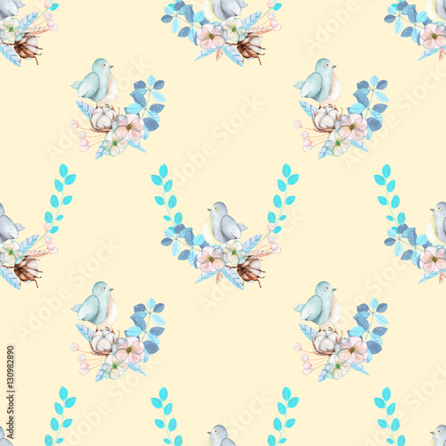 Seamless pattern with watercolor cute bird  blue plants  flowers and cotton flower  hand drawn isolated on a cream background  invitation  greeting card