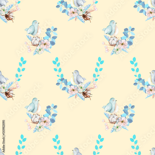 Seamless pattern with watercolor cute bird, blue plants, flowers and cotton flower, hand drawn isolated on a cream background, invitation, greeting card