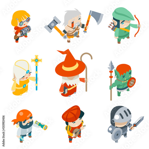 Fantasy RPG Game Characters Isometric Vector Icons Set  Illustration