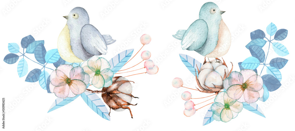 Illustration of the watercolor cute birds with tender blue posies, hand drawn isolated on a white background