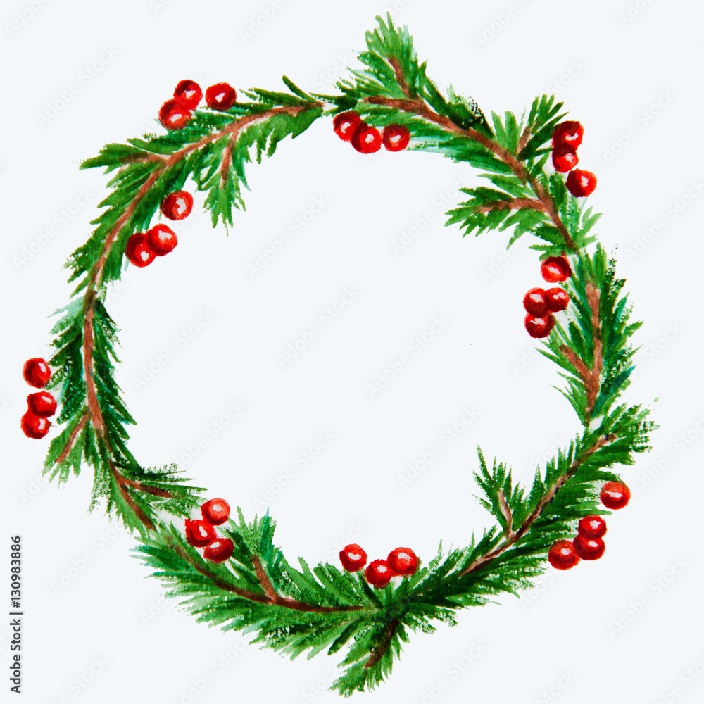 New year and Christmas wreath - fir tree on white isolated backg New year and Christmas wreath - fir tree on white isolated backg