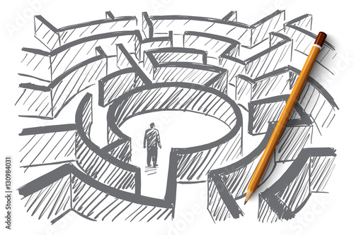 Vector hand drawn labyrinth concept with man standing in the center of maze and pencil over sketch